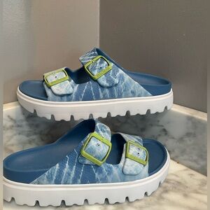 Skechers Chunky Blue Green Foamies Lug Sole Slide Sandals Women’s 8